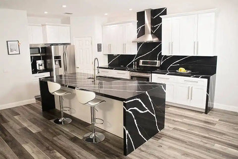 black quartz countertops with white veining