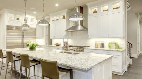white granite countertops with white cabinets